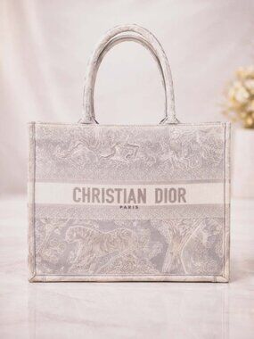 Authentic Dior Book Tote Gray Toile De Jouy Embroidery Canvas Bag